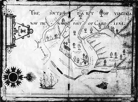 Nicholas Comberford’s 1657 map, "The South Part of Virginia." Image from LearnNC.org.