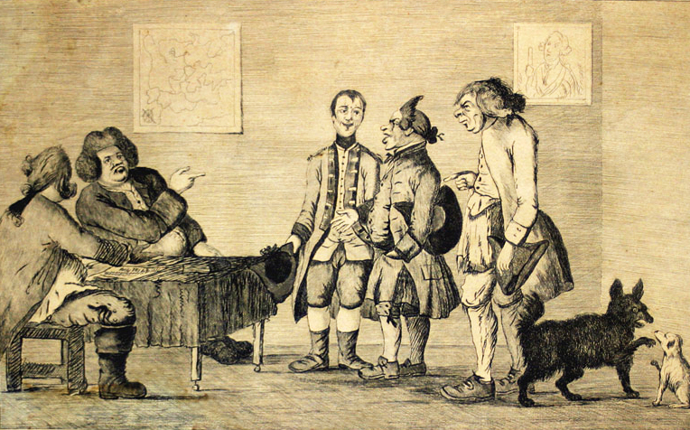 "A Militia Meeting," an English print satirizing American militias, 1773. Image from Boston Tea Party Ships & Museum.