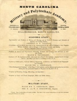 (click to see larger and for more information) Abbreviated catalog giving academic courses, costs, staff, and information about the North Carolina Military and Polytechnic Academy, circa 1867. This item is from the last year the school was in operation. 