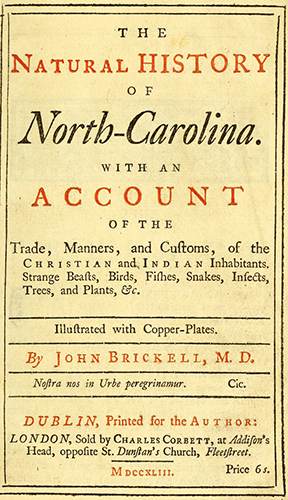 Title page of The Natural History of North-Carolina, 1743. Image from Archive.org.