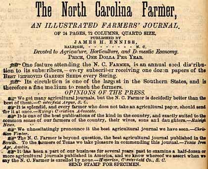 Advertisement for The North Carolina Farmer, 1880. Image from Documenting the American South, University of North Carolina at Chapel Hill.