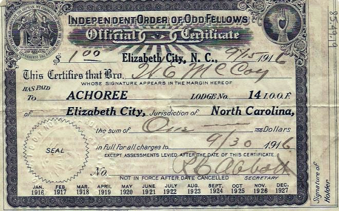 Certificate of Independent Order of Odd Fellows showing membership dues paid by a W. E. McCoy in Elizabeth City, N.C., 1916. Image from the North Carolina Museum of History.