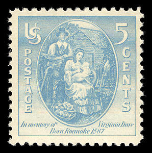 Postage stamp of 1937 honoring Virginia Dare, the first English child born in American colony.