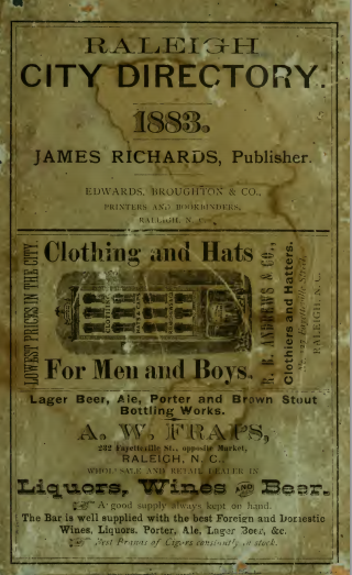 Cover of the 1883 Raleigh City Directory