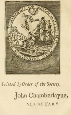 From the backcover of An account of the Society for Propagating the Gospel in Foreign Parts, established by the Royal Charter of King William III. With their proceedings and success, and hopes of continual progress under the most happy reign of her most excellent majesty Queen Anne (1706). Image from the Internet Archive.