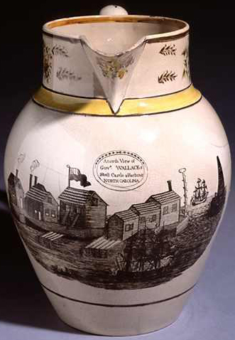 Pitcher made for "Governor" John Wallace, circa 1805-1810, with the inscription "A North View Of Govr. Wallaces Shell Castle & Harbour North Carolina." Image from the North Carolina Museum of History. 