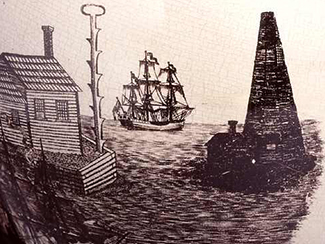 Close-up of part of the pitcher showing a look-out post with foot-holds and a ring at top and a lighthouse built with logs in the harbor. Image from the North Carolina Museum of History. 