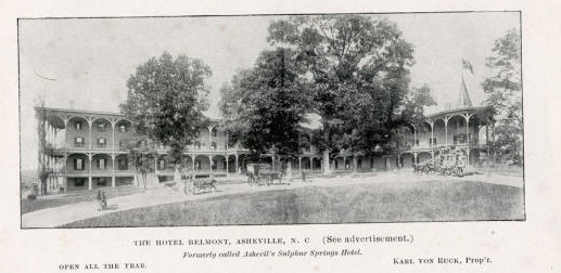 Asheville Sulpher Springs [Hotel Belmont] Souvenir of Asheville or the Sky-Land, p. 71] Ramsey Library, UNCA. Image courtesy of Western North Carolina Heritage. 