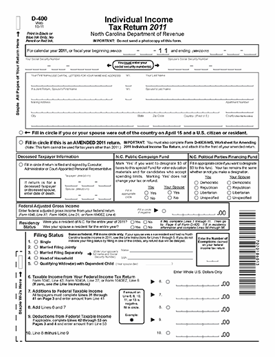 Page one of form D-400, the Individual Income Tax Return for the state of North Carolina, 2011. Image from the North Carolina Department of Revenue.