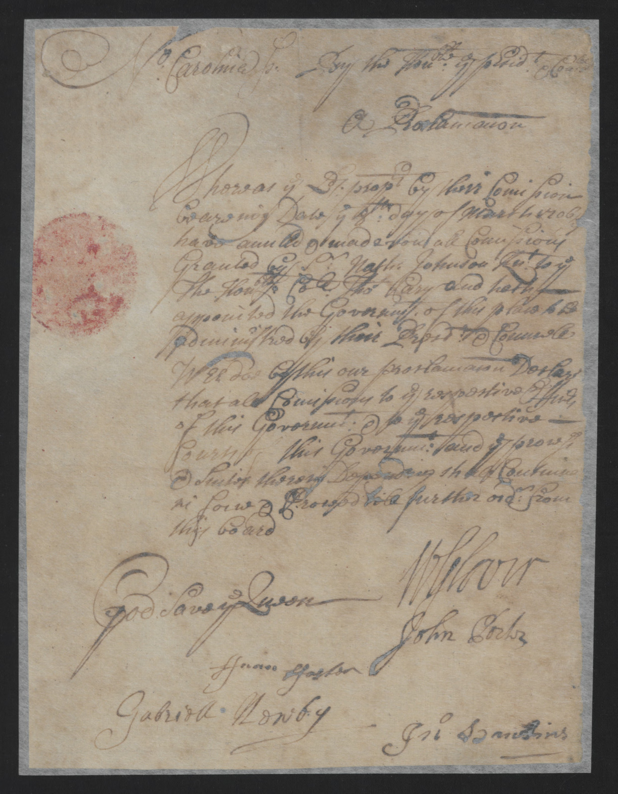 Primary record relating to Thomas Cary. Wispy cursive writing on a tattered piece of parchment.