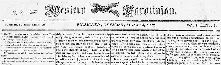 First edition of the Western Carolinian, June 13, 1820. Image from the State Archives of North Carolina.