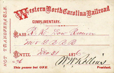 Boarding pass for the Western North Carolina Railroad, 1876. Image from North Carolina Historic Sites.
