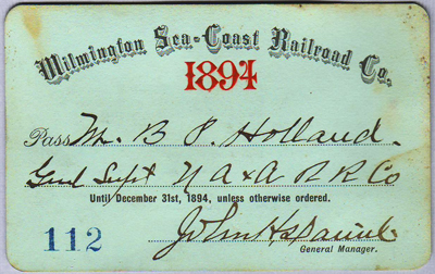 Boarding pass for the Wilmington Sea Coast Railroad, 1894. Image from North Carolina Historic Sites.