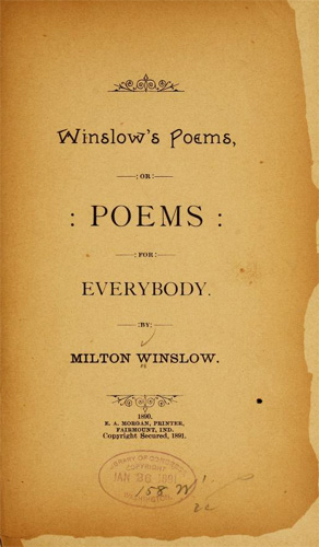 Title page from <i>Winslow's Poems,<.i> by Milton Winslow, published 1890.  Presented on Archive.org. 