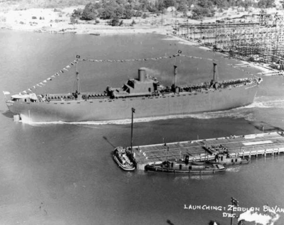 The USS Zebulon B. Vance being launched on December 6, 1941. Image from the Cape Fear Museum.