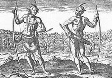 "An engraving of a Virginia Chief by Theodor de Bry, based on an illustration by John White. de Bry Europeanized White's original drawings--White had seen the Algonquians in person on the Roanoke voyages promoted by Sir Walter Raleigh. Engraving reproduced courtesy of the Library of Congress." Courtesy of Documenting the American South, UNC.