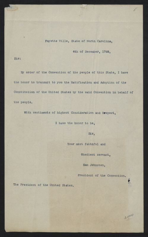 Read the letter sent notifying of the North Carolina ratification of the U.S. Constitution
