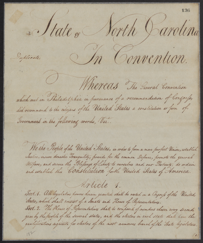View a digital copy of the United State Constitution approved by North Carolina in 1789