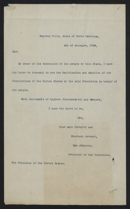 Read the letter sent notifying of the North Carolina ratification of the U.S. Constitution