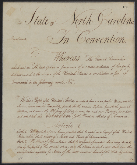 View a digital copy of the United State Constitution approved by North Carolina in 1789