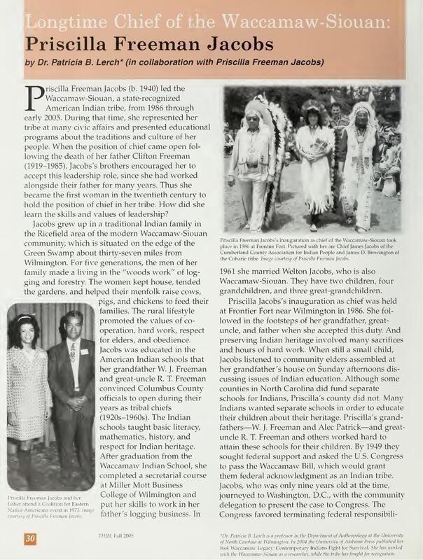 An article about the longtime Waccamaw-Siouan chief Priscilla Freeman Jacobs