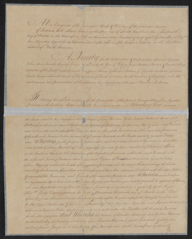 A handwritten and signed treaty between NC colonial government and the Cherokee Indians in western North Carolina which was signed by John Stuart, Superintendent of the Affairs of the Indian Nations, and several Cherokee nation representatives. 