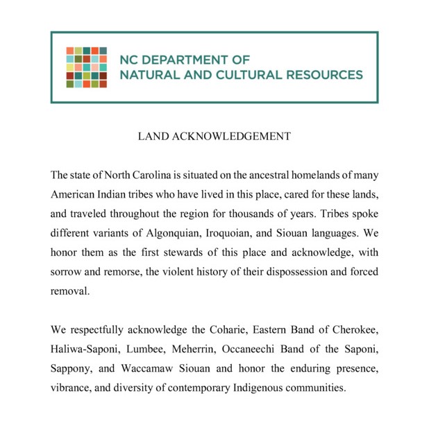 Land acknowledgment from the NC Department of Natural and Cultural Resources