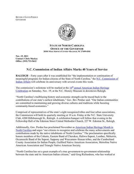 A press release about the 40 years of service of the NC Commission of Indian Affairs