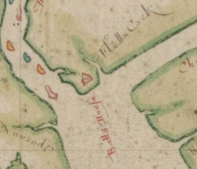 The Nicholas Comberford map of 1657 shows the house of Nathaniell Batts near the confluence of the Morattico (Roanoke) and Choan (Chowan) Rivers. Copyright National Maritime Museum, London.