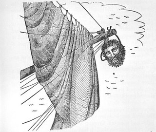 "Blackbeard's head hanging from bowsprit of ship." From "Dig for Pirate Treasure" by Robert I Nesmith (New York, Crown Publishers, 1958). Copy from the General Negative Collection, North Carolina State Archives, call #: N_60_3_5 Raleigh, NC.