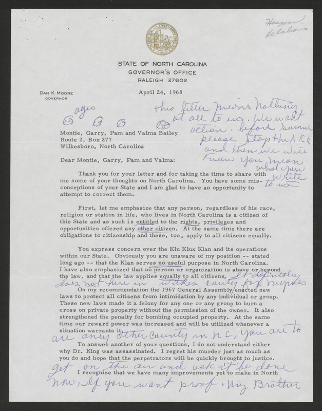 Letters to Governor Moore from young Black citizens regarding racial oppression in their lives
