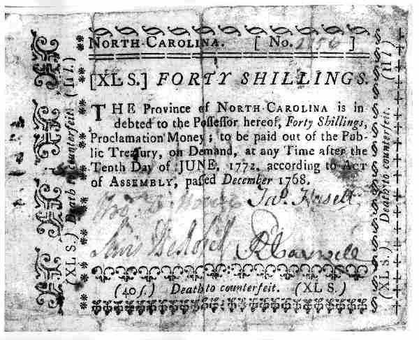 40 Shilling Bill on the Province of NC 1768-1771. Image courtesy of North Carolina Museum of History.