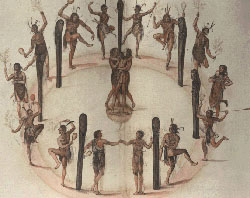 "Indians Dancing Around a Circle of Posts," watercolor by John White, created 1585-86." Image courtesy of the Trustees of the London Museum. 