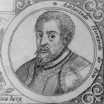 Engraving of De Soto. He looks confused and has a beard and medium hair. He is wearing armor.