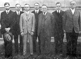  The first faculty included (l to r) William P. Few, Elbert Russell, Paul Neff Garber, James Cannon III, Dean Edmund D. Soper, Howard M. LeSourd, and Allen H. Godbey. Harvie Branscomb was absent for the photo. Courtesy of Duke Divisity Magazine. 