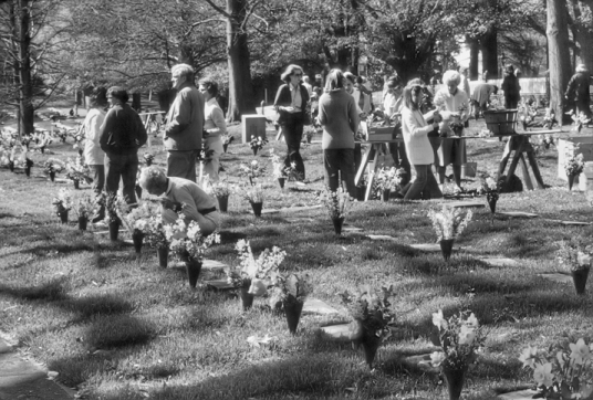 Members of the Moravian congregation tend to the graves in God's Acre at Home Church in Old Salem, some of which date from the eighteenth century. Photograph by Billy E. Barnes, Chapel Hill.