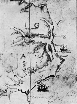 "Map made by John White, 1585-86, showing the relationship of Roanoke Island, Dasamonquepeuc, Port Ferdinando, Croatoan, and Hatoraske." --- National Park Service. (Fort Raleigh National Historic Site)