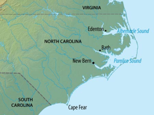 Map of major Carolina settlements at the time of Everard's leadership.