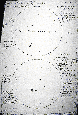 (click for larger) Harriot's sunspot drawing of December 1610. From the Galileo Project.