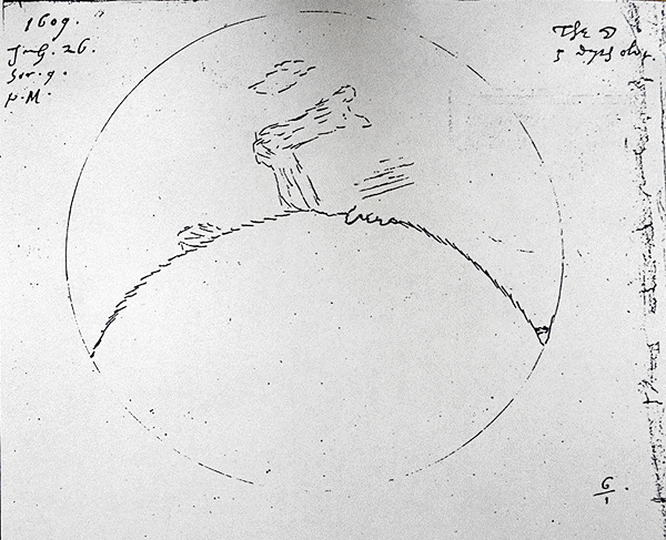 (click for larger) Harriot's moon drawing of 26 July 1609 Julian (5 August 1609 Gregorian). From the Galileo Project.