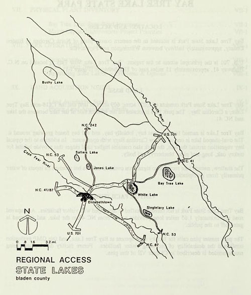 Map of the North Carolina state lakes in Bladen County.