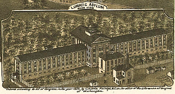 Dix Hospital, Raleigh, labeled "Lunatic Asylum." Inset illustration in C. Drie, _Bird's eye view of the city of Raleigh, North Carolina 1872._ From the 
