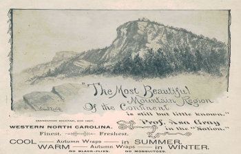 Top half of brochure for the Linville, North Carolina area, 1892 with image of the peak of Grandfather Mountain. From the collection of the North Carolina State Parks.  Used courtesy of the North Carolina Division of Parks and Recreation. Click here for full image.