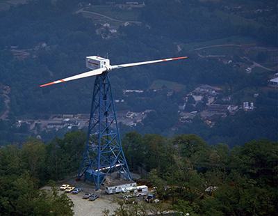 NASA Mod-1 wind turbine in Boone, NC. Photograph, December 31, 1978. From Wikimedia Commons.