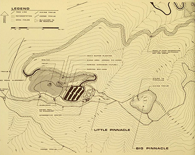 A topographic map of Pilot Mountain Park. A legend in the left top corner define what symbols denote. Mountaintops are labeled Little Pinnacle and Big Pinnacle.