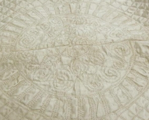 Closeup of crib quilt made for John Todd Cocke Wiatt's christening, made ca. 1781 in Gloucester, V.A. From the collections of the North Carolina Museum of History, used courtesy of the North Carolina Department of Cultural Resources. 