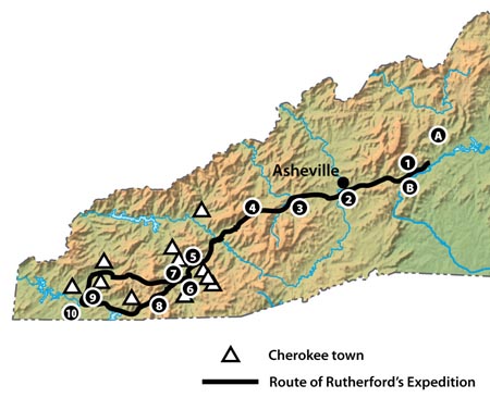 Map of Rutherford's Campaign into Western North Carolina. Image from LearnNC.org.