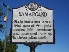 Image of "Samarcand" highway historical marker near Eagle Springs, in Moore County, N.C.  Marker K-34, North Carolina Historical Highway Marker Program.  Used courtesy of the North Carolina Department of Cultural Resources. 
