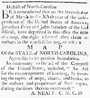 An announcement of Strother and Price's map in the North Carolina Gazette. April 2, 1796. 1.