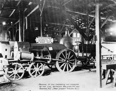 Black and white photograph of the locomotive model "Tornado," image taken circa 1950. Item H.1952.57.44 from the collections of the North Carolina Musuem of History. The original "Tornado" engine would most likely have closely resembled this representation.   